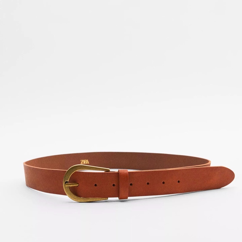 Zara Tan Leather Belt with Gold Buckle